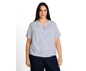 Kurzarmbluse TOM TAILOR PLUS, Damen, Gr. 46, blau (weiß small leaves design), Web, Obermaterial: 100% Viskose, normal hüftbedeckend, V-Ausschnitt, Blusen, mit Allover-Print - Große Größen (87017351-46