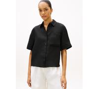 Kurzarmbluse TOMMY HILFIGER "ESS LINEN SHORT SLEEVE SHIRT", Damen, Gr. L (42/44), schwarz, Web, Obermaterial: 100% Leinen, unifarben, gerade normal, V-Ausschnitt, abgesteppte Kante, Blusen, mit aufges
