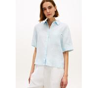 Kurzarmbluse TOMMY HILFIGER "ESS LINEN SHORT SLEEVE SHIRT", Damen, Gr. M (40), keepsake blau, Web, Obermaterial: 100% Leinen, unifarben, gerade normal, V-Ausschnitt, abgesteppte Kante, Blusen Kurzarmb