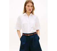 Kurzarmbluse TOMMY HILFIGER "ESS LINEN SHORT SLEEVE SHIRT", Damen, Gr. XL (46), weiß (th optic weiß), Web, Obermaterial: 100% Leinen, unifarben, gerade normal, V-Ausschnitt, abgesteppte Kante, Blusen,