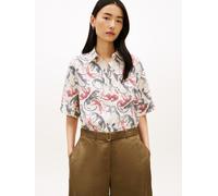 Kurzarmbluse TOMMY HILFIGER "ESS LINEN SHORT SLEEVE SHIRT", Damen, Gr. XS (34), leopard baroque rwb, Web, Obermaterial: 100% Leinen, unifarben, gerade normal, V-Ausschnitt, abgesteppte Kante, Blusen,