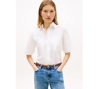 Kurzarmbluse TOMMY HILFIGER "ESSENTIAL POPLIN SHORT SLEEVE SHIRTS", Damen, Gr. M (40), th optic weiß, Popeline, Obermaterial: 100% Baumwolle, unifarben, lässig geschnitten normal, Rundhals, angesetzte