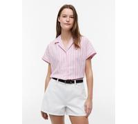 Kurzarmbluse TOMMY HILFIGER "SUMMER COTTON SS SHIRT", Damen, Gr. XS (34), liquorice stp pink, Web, Obermaterial: 98% Baumwolle, 2% Elasthan, gestreift, normal, V-Ausschnitt, Blusen, Baumwollmischung (