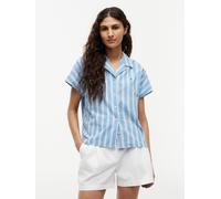 Kurzarmbluse TOMMY HILFIGER "SUMMER COTTON SS SHIRT", Damen, Gr. XS (34), liquorice stripe breeze blau, Web, Obermaterial: 98% Baumwolle, 2% Elasthan, gestreift, normal, V-Ausschnitt, Blusen, Baumwoll