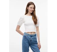 Kurzarmbluse TOMMY JEANS "TJW SMOCKED SS BLOUSE", Damen, Gr. S (36/38), ecru, Web, Obermaterial: 100% Baumwolle, unifarben, taillenlang, U-Boot-Ausschnitt, elastischer Bund, Blusen Kurzarmbluse, Baumw