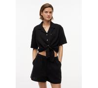 Kurzarmbluse TOMMY JEANS "TJW TEXTURED TIE FRONT SS SHIRT", Damen, Gr. M (40), schwarz, Web, Obermaterial: 100% Baumwolle, unifarben, taillenlang, V-Ausschnitt, Blusen, Baumwolle, Brusttasche, Saum zu
