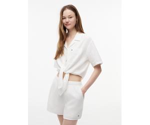Kurzarmbluse TOMMY JEANS "TJW TEXTURED TIE FRONT SS SHIRT", Damen, Gr. M (40), weiß (ecru), Web, Obermaterial: 100% Baumwolle, unifarben, taillenlang, V-Ausschnitt, Blusen, Baumwolle, Brusttasche, Sau