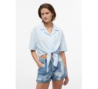 Kurzarmbluse TOMMY JEANS "TJW TEXTURED TIE FRONT SS SHIRT", Damen, Gr. XL (46), blau (kingly blau), Web, Obermaterial: 100% Baumwolle, unifarben, taillenlang, V-Ausschnitt, Blusen, Baumwolle, Brusttas