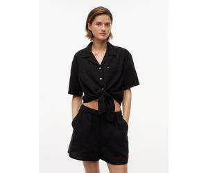 Kurzarmbluse TOMMY JEANS "TJW TEXTURED TIE FRONT SS SHIRT", Damen, Gr. XS (34), schwarz, Web, Obermaterial: 100% Baumwolle, unifarben, taillenlang, V-Ausschnitt, Blusen, Baumwolle, Brusttasche, Saum z