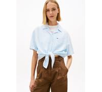 Kurzarmbluse TOMMY JEANS "TJW TIE FRONT LINEN SHIRT", Damen, Gr. L (40), light powdery blau, stripe, Web, Obermaterial: 55% Leinen, 27% Baumwolle, 18% Viskose, gestreift, lässig geschnitten taillenbed