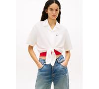 Kurzarmbluse TOMMY JEANS "TJW TIE FRONT LINEN SHIRT", Damen, Gr. XS (34), ecru, Web, Obermaterial: 55% Leinen, 27% Baumwolle, 18% Viskose, unifarben, lässig geschnitten taillenbedeckt, V-Ausschnitt, a