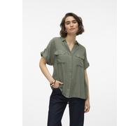 Kurzarmbluse VERO MODA "VMBUMPY S/S SHIRT WVN GA NOOS", Damen, Gr. L, grün (laurel wreath), Web, Obermaterial: 100% Viskose, unifarben, regular fit normal, V-Ausschnitt, mit Aufschlag, Blusen Kurzarmb