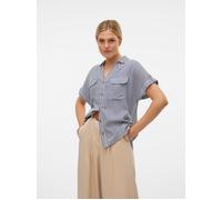 Kurzarmbluse VERO MODA "VMBUMPY S/S SHIRT WVN GA NOOS", Damen, Gr. L, weiß (india ink stripes:snow weiß), Web, Obermaterial: 100% Viskose, gestreift, regular fit normal, V-Ausschnitt, mit Aufschlag, B