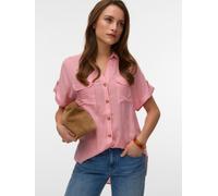 Kurzarmbluse VERO MODA "VMBUMPY S/S SHIRT WVN GA NOOS", Damen, Gr. M, rosa (snow weiß stripes:coral paradise), Web, Obermaterial: 100% Viskose, gestreift, regular fit normal, V-Ausschnitt, mit Aufschl
