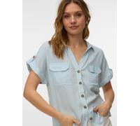 Kurzarmbluse VERO MODA "VMBUMPY S/S SHIRT WVN GA NOOS", Damen, Gr. S, blau (snow weiß stripes:gray mist), Web, Obermaterial: 100% Viskose, gestreift, regular fit normal, V-Ausschnitt, mit Aufschlag, B