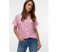 Kurzarmbluse VERO MODA "VMBUMPY S/S SHIRT WVN GA NOOS", Damen, Gr. XL, snow weiß stripes:pink cosmos, Web, Obermaterial: 100% Viskose, gestreift, regular fit normal, V-Ausschnitt, mit Aufschlag, Bluse