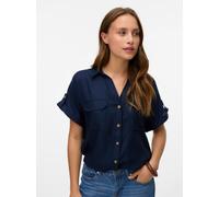 Kurzarmbluse VERO MODA "VMBUMPY S/S SHIRT WVN GA NOOS", Damen, Gr. XS, blau (navy blazer), Web, Obermaterial: 100% Viskose, unifarben, regular fit normal, V-Ausschnitt, mit Aufschlag, Blusen, Viskose,