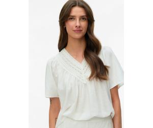 Kurzarmbluse VERO MODA "VMKARLA S/S V-NECK TOP WVN BTQ", Damen, Gr. L, weiß (snow weiß), Web, Obermaterial: 100% Baumwolle, unifarben, normal, V-Ausschnitt, Blusen, Baumwolle (95898322-L) snow weiß