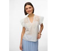 Kurzarmbluse VERO MODA "VMLINE SS V-NECK TOP WVN NOOS", Damen, Gr. S, snow weiß, Web, Obermaterial: 100% Baumwolle, unifarben, normal, V-Ausschnitt, Blusen, Baumwolle, Lochstickerei (24770509-S) snow