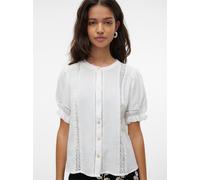 Kurzarmbluse VERO MODA "VMNATALI 2/4 LACE SHORT TOP WVN NOOS", Damen, Gr. XS, snow weiß, Web, Obermaterial: 100% Baumwolle, unifarben, regular fit normal, Rundhals, Blusen, Baumwolle, regular fit (398