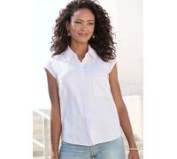 Kurzarmbluse VIVANCE "aus bügelfreier Strukturware", Damen, Gr. 38, rosa (creme, rosé gestreift), Web, Obermaterial: 52% Viskose, 48% Polyester, gestreift, figurumspielend hüftlang, angeschnitten, Blu