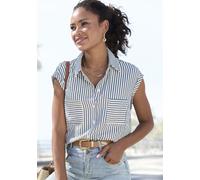Kurzarmbluse VIVANCE, Damen, Gr. 34, blau (creme, blau gestreift), Web, Obermaterial: 52% Viskose, 48% Polyester, gestreift, figurumspielend hüftlang, angeschnitten, Blusen Kurzarmbluse, aus bügelfrei