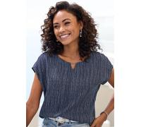 Kurzarmbluse VIVANCE, Damen, Gr. 34, marine, weiß gestreift, Web, Obermaterial: 100% Viskose, bedruckt, gestreift, figurumspielend hüftbedeckend, Rundhals, Blusen Kurzarmbluse, mit Zierdetail am Aussc