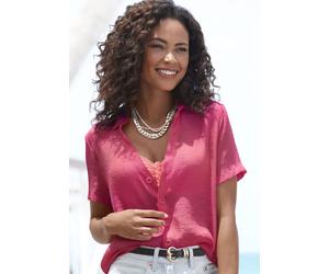 Kurzarmbluse VIVANCE, Damen, Gr. 34, pink, Web, Obermaterial: 65% Viskose, 35% Polyester, unifarben, figurumspielend hüftlang, V-Ausschnitt, Blusen, mit Hemdkragen und Knopfleiste, Hemdbluse, Strandmo