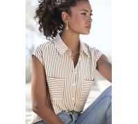 Kurzarmbluse VIVANCE, Damen, Gr. 36, beige (creme, sand gestreift), Web, Obermaterial: 52% Viskose, 48% Polyester, gestreift, figurumspielend hüftlang, angeschnitten, Blusen Kurzarmbluse, aus bügelfre