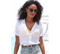 Kurzarmbluse VIVANCE, Damen, Gr. 38, weiß, Web, Obermaterial: 65% Viskose, 35% Polyester, unifarben, figurumspielend hüftlang, V-Ausschnitt, Blusen, mit Hemdkragen und Knopfleiste, Hemdbluse, Strandmo