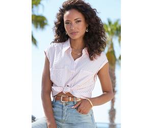 Kurzarmbluse VIVANCE, Damen, Gr. 44, creme, rosé gestreift, Web, Obermaterial: 52% Viskose, 48% Polyester, gestreift, figurumspielend hüftlang, angeschnitten, Blusen, aus bügelfreier Strukturware, Dam