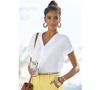 Kurzarmbluse VIVANCE, Damen, Gr. 48/50, weiß, Web, Obermaterial: 100% Viskose, unifarben, figurumspielend hüftlang, tiefer V-Ausschnitt, Aufschlag, Blusen, in lockerem Schnitt, Damenbluse, casual, Bus