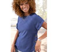 Kurzarmbluse VIVANCE "mit Zierknopfleisten seitlich", Damen, Gr. 38, blau (lila), Web, Obermaterial: 100% Polyester, unifarben, figurumspielend hüftlang, Rundhals, Aufschlag, Blusen, Blusenshirt in ex