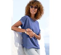Kurzarmbluse VIVANCE "mit Zierknopfleisten seitlich", Damen, Gr. 46, blau (lila), Web, Obermaterial: 100% Polyester, unifarben, figurumspielend hüftlang, Rundhals, Aufschlag, Blusen, Blusenshirt in ex