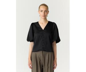Kurzarmbluse Y.A.S "YASPELLA 2/4 V-NECK TOP S. NOOS", Damen, Gr. XL, schwarz, Web, Obermaterial: 97% Polyester, 3% Elasthan, unifarben, regular fit normal, V-Ausschnitt, Blusen, Materialmix, regular f
