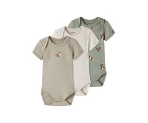 Kurzarmbody NAME IT "NBMBODY 3P SS FOX NOOS", Jungen, Gr. 98, N-Gr, shadow, Feinripp, Obermaterial: 100% Baumwolle, bedruckt, unifarben, amerikanischer Ausschnitt, Bodys (75561015-98) shadow