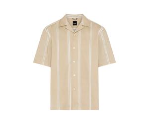 Kurzarmhemd BOSS, Herren, Gr. M (39/40), N-Gr, beige (open beige286), Web, Obermaterial: 97% Baumwolle, 3% Elasthan, gestreift, relaxed fit normal, V-Ausschnitt, abgesteppte Kante, Hemden, Freizeitkra