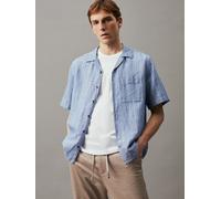 Kurzarmhemd CALVIN KLEIN "LINEN COTTON STRIPE S/S SHIRT", Damen, Gr. M, N-Gr, blau (delta blau), Web, Obermaterial: 60% Leinen, 40% Baumwolle, gestreift, Hemden Kurzarmhemd (59358602-M)