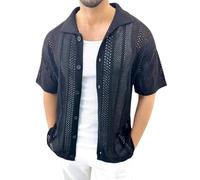 Kurzarmhemd für Herren Strick Kurzarm Retro Rever Hemd Lässig Shirt Jacke mit Knopfleiste Sommer Herbst Hemd Einfarbige Tshirts Button Down Slim Fit Hemden Bequeme Leicht Strickhemd