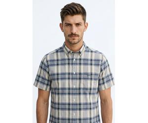 Kurzarmhemd GANT "REGULAR INDIAN MADRAS CHECK", Herren, Gr. 3XL, N-Gr, faded denim, Web, Obermaterial: 100% Baumwolle, kariert, regular fit normal, Rundhals, eingesetzt abgesteppte Kante, Hemden, Regu