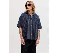 Kurzarmhemd JACK & JONES "JJEBRADLEY STRIPED RESORT SHIRT SS LN", Herren, Gr. L, N-Gr, navy blazer, Web, Obermaterial: 100% Baumwolle, gestreift, loose fit normal, V-Ausschnitt, Hemden, Baumwolle, loo