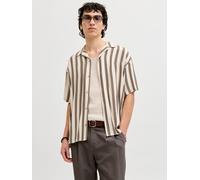Kurzarmhemd JACK & JONES "JJEJEFF RESORT STRIPE SHIRT S/S SN", Herren, Gr. L, N-Gr, moonbeam, Web, Obermaterial: 100% Viskose, gestreift, normal, V-Ausschnitt, Hemden, Viskose, loose fit (58732241-L)