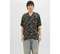 Kurzarmhemd JACK & JONES "JJEJEFF TROPICAL AOP RESORT SHIRT SS SN", Herren, Gr. M, N-Gr, schwarz, Web, Obermaterial: 100% Viskose, bedruckt, relaxed fit taillenbedeckt, ohne Ausschnitt, Hemden, mit Al