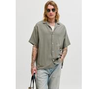 Kurzarmhemd JACK & JONES "JJELIAM RESORT SHIRT SS SN", Herren, Gr. S, N-Gr, vetiver, Web, Obermaterial: 100% Baumwolle, gestreift, loose fit normal, V-Ausschnitt, Hemden, Baumwolle, loose fit (3070356