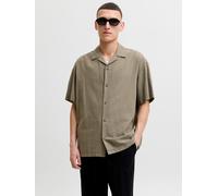 Kurzarmhemd JACK & JONES "JJESUMMER LINEN BLEND RESORT SHIRT SS SN", Herren, Gr. L, N-Gr, dusty olive, Web, Obermaterial: 70% Baumwolle, 30% Leinen, unifarben, relaxed fit normal, V-Ausschnitt, Hemden