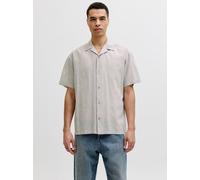 Kurzarmhemd JACK & JONES "JJESUMMER LINEN BLEND RESORT SHIRT SS SN", Herren, Gr. L, N-Gr, string, Web, Obermaterial: 70% Baumwolle, 30% Leinen, unifarben, relaxed fit normal, V-Ausschnitt, Hemden, Bau