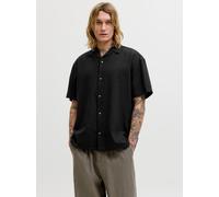 Kurzarmhemd JACK & JONES "JJESUMMER LINEN BLEND RESORT SHIRT SS SN", Herren, Gr. XXL, N-Gr, schwarz, Web, Obermaterial: 70% Baumwolle, 30% Leinen, unifarben, relaxed fit normal, V-Ausschnitt, Hemden K