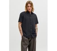 Kurzarmhemd JACK & JONES "JJESUMMER LINEN BLEND SHIRT S/S SN", Herren, Gr. L, N-Gr, schwarz, Web, Obermaterial: 70% Baumwolle, 30% Leinen, unifarben, normal normal, Hemden, Baumwolle mit Leinen, regul