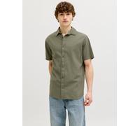 Kurzarmhemd JACK & JONES "JJESUMMER LINEN BLEND SHIRT S/S SN", Herren, Gr. M, N-Gr, dusty olive, Web, Obermaterial: 70% Baumwolle, 30% Leinen, unifarben, normal normal, Hemden, Baumwolle mit Leinen, r