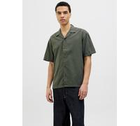 Kurzarmhemd JACK & JONES "JJESUMMER RESORT SHIRT SS SN", Herren, Gr. L, N-Gr, grün (beetle), Web, Obermaterial: 83% Baumwolle, 17% Leinen, relaxed fit taillenbedeckt, ohne Ausschnitt, gerader Abschlus